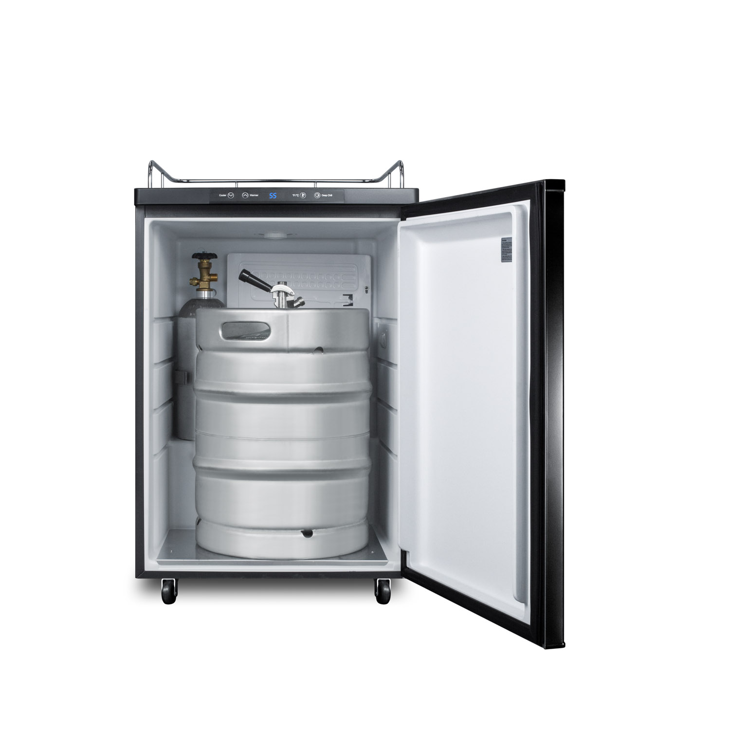 Freestanding residential beer dispenser in black, auto defrost w/digital thermostat; sold without tap kit for do-it-yourselfers who install their own systems